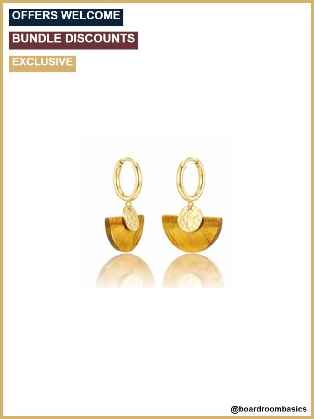 Hammered Hoop Tiger Eye Dangle Earrings 18K Gold Plated Stainless Steel
